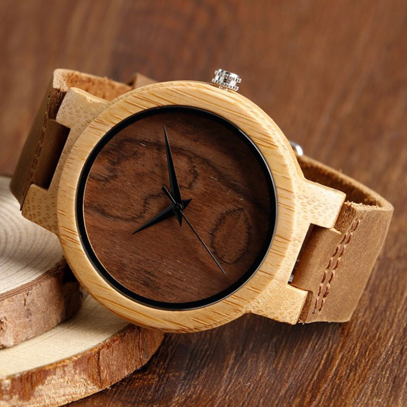 Ρολόι Bamboo με Leather Strap και Oak Wood Καντράν Unisex 2