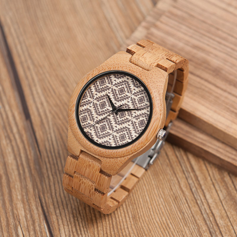 Ρολόι Bamboo με Ξύλινο Bracelet και Καντράν Geometric Unisex