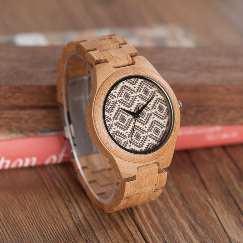 Ρολόι Bamboo με Ξύλινο Bracelet και Καντράν Geometric Unisex