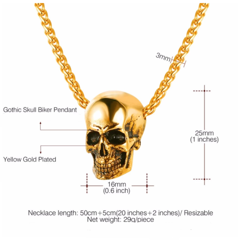 U7 Chain 3mm με Pendant Gothic Skull - Ανοξείδωτο Ατσάλι / 18KGP Gold – 50CM