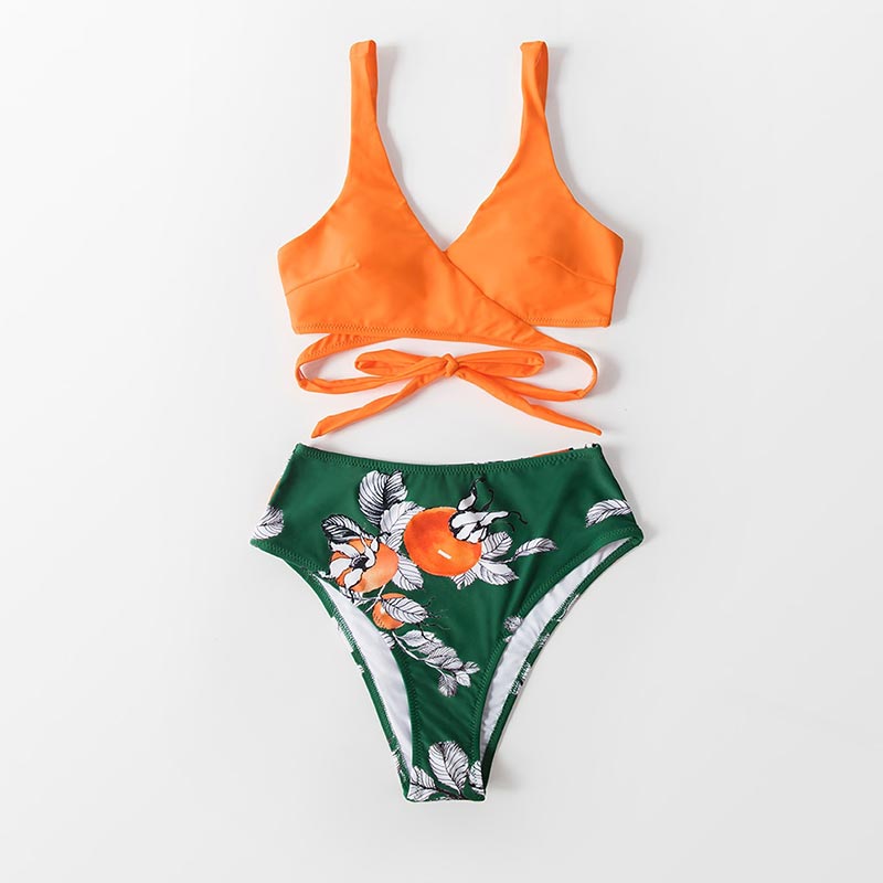 Μαγιό Μπικίνι Ψηλόμεσο Orange/Floral Green - Paradise Collection (ADB5001)