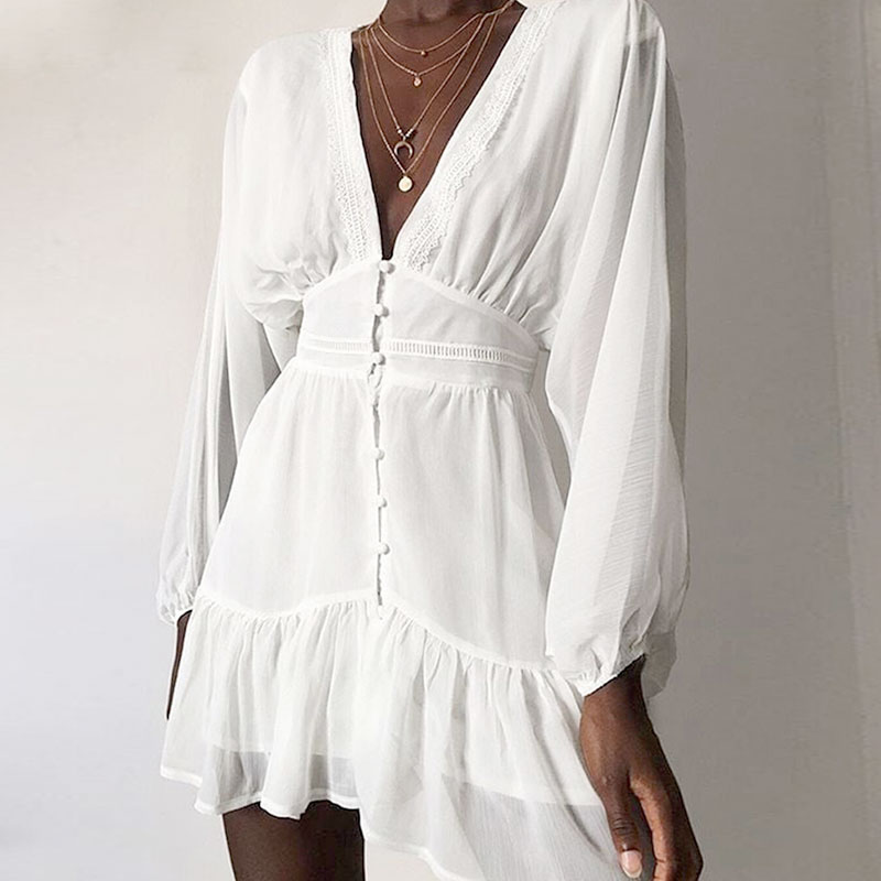 Φόρεμα Vintage White με Κουμπιά & Μανίκια (F0015)