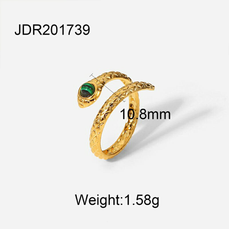 Ανοξείδωτο Δαχτυλίδι Χρυσό Cobra Snake με Πράσινη Πέτρα Αδιάβροχο Ρυθμιζόμενο (JDR201739)