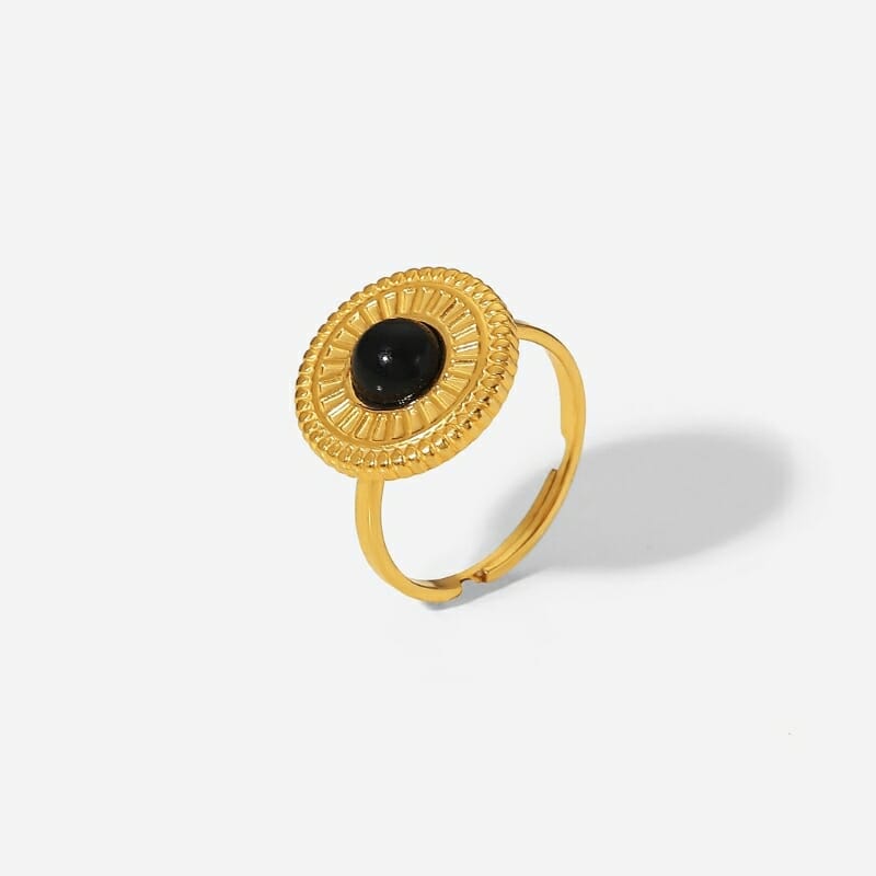 Ανοξείδωτο Δαχτυλίδι Χρυσό Round με Μαύρη Πέτρα Αδιάβροχο Ρυθμιζόμενο (JDR201775)