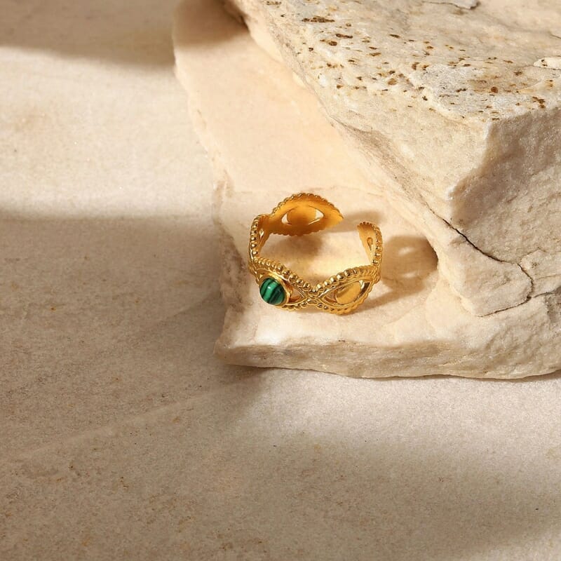 Ανοξείδωτο Δαχτυλίδι Χρυσό Open Eye με Μαλαχίτη Πέτρα Αδιάβροχο Ρυθμιζόμενο (JDR201777)