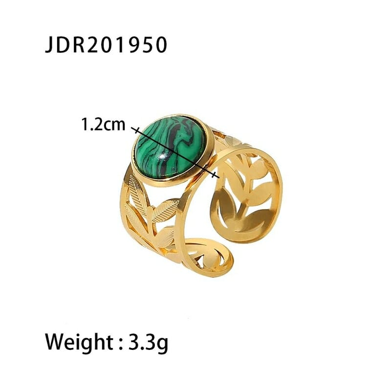 Ανοξείδωτο Δαχτυλίδι Χρυσό Leaf με Μαλαχίτη Πέτρα Αδιάβροχο Ρυθμιζόμενο (JDR201950)