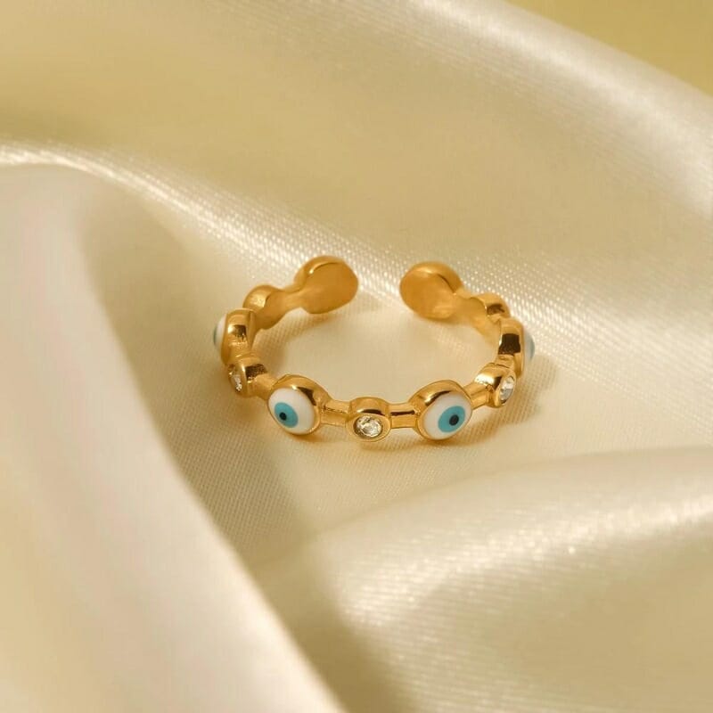 Ανοξείδωτο Δαχτυλίδι Χρυσό Flower με Blue Eye Αδιάβροχο Ρυθμιζόμενο (JDR202234)