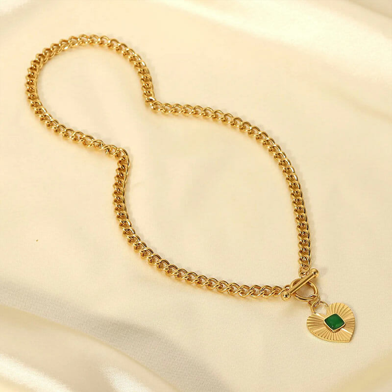 Ανοξείδωτο Κολιέ Χρυσό Heart Green Agate Αδιάβροχο (JDN20925)