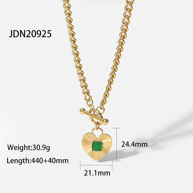 Ανοξείδωτο Κολιέ Χρυσό Heart Green Agate Αδιάβροχο (JDN20925)